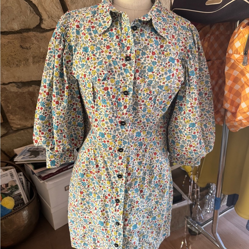 GANNI floral organic cotton puff-sleeve button-front mini dress - Picture 15 of 17